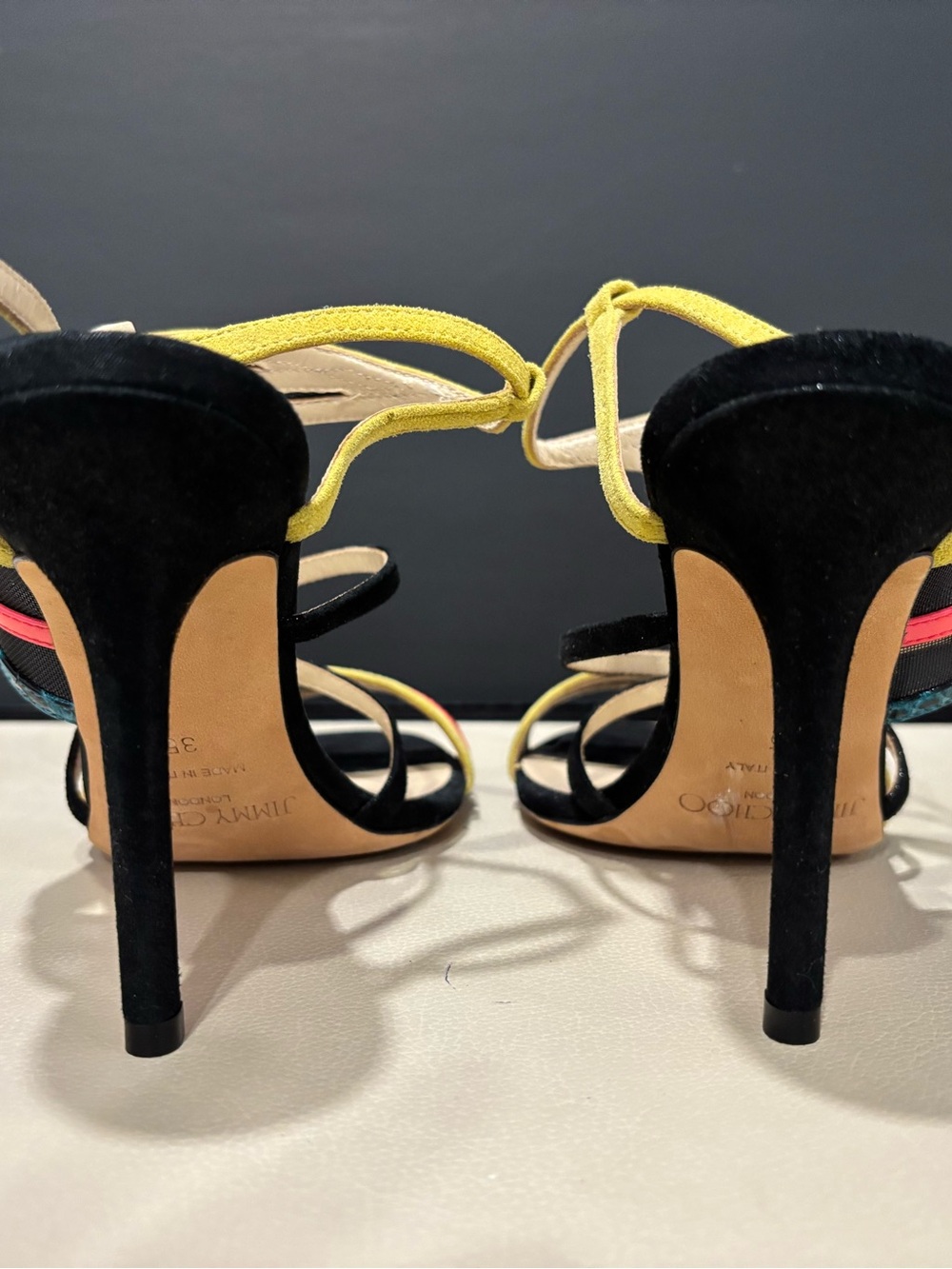 Jimmy Choo Heels Black Strappy, Size 5, Wedding Cocktail Colorful Evening Party - Picture 4 of 7